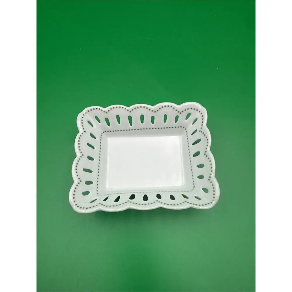 Andrea by Sadek Williamsburg Reticulated Porcelain Trinket Dish White Green Dot